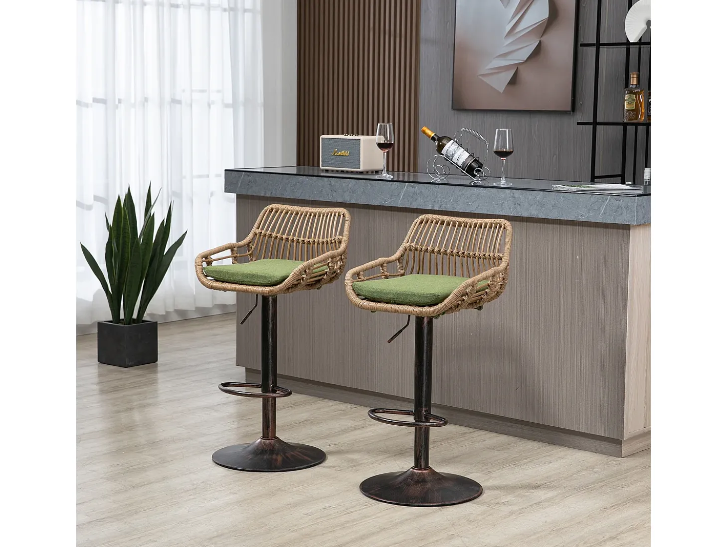 Conjunto de 2 banquetas ajustáveis - Estrutura em metal e encosto em rattan - Almofada de linho verde