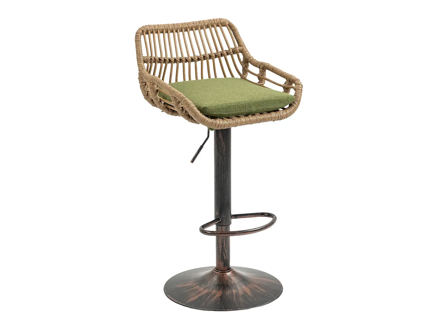 Conjunto de 2 banquetas ajustáveis - Estrutura em metal e encosto em rattan - Almofada de linho verde