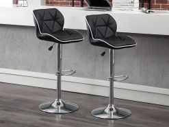 Conjunto de 2 banquetas de bar em couro sintético e aço cromado - Altura ajustável - Preto - CALVIN