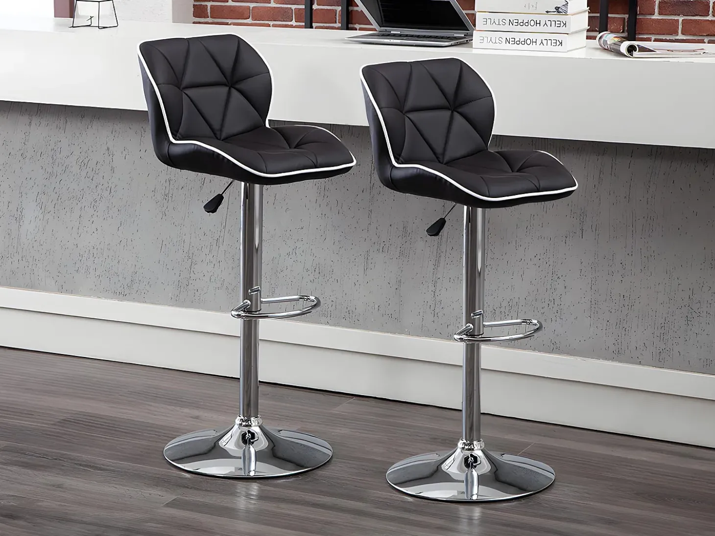 Conjunto de 2 banquetas de bar em couro sintético e aço cromado - Altura ajustável - Preto - CALVIN