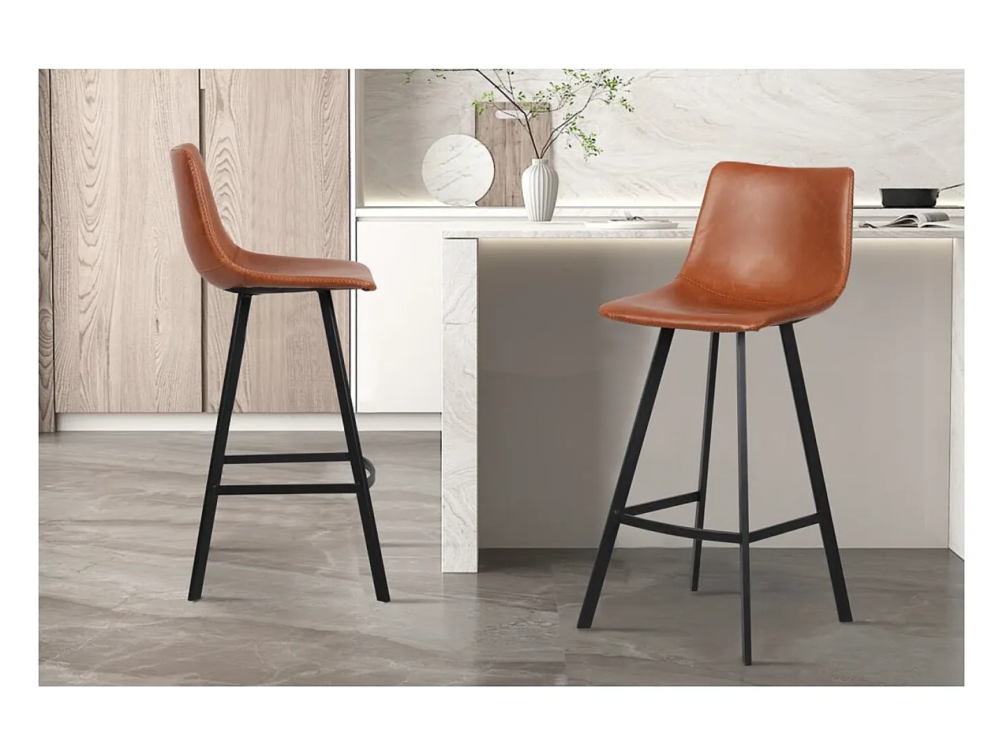Conjunto de 2 banquetas de bar OZON – Cor Cognac – Assento em PU – Conforto moderno e estilo elegante