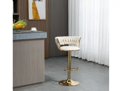 Conjunto de 2 banquetas giratórias em veludo - Altura regulável - Marfim e dourado
