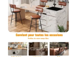 Conjunto de 4 cadeiras de bar com encosto, couro sintético marrom, altura do assento 65 cm