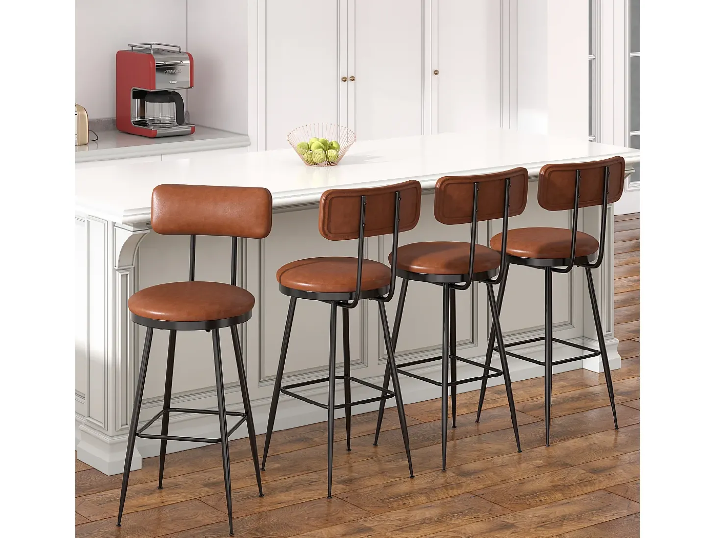 Conjunto de 4 cadeiras de bar com encosto, couro sintético marrom, altura do assento 65 cm