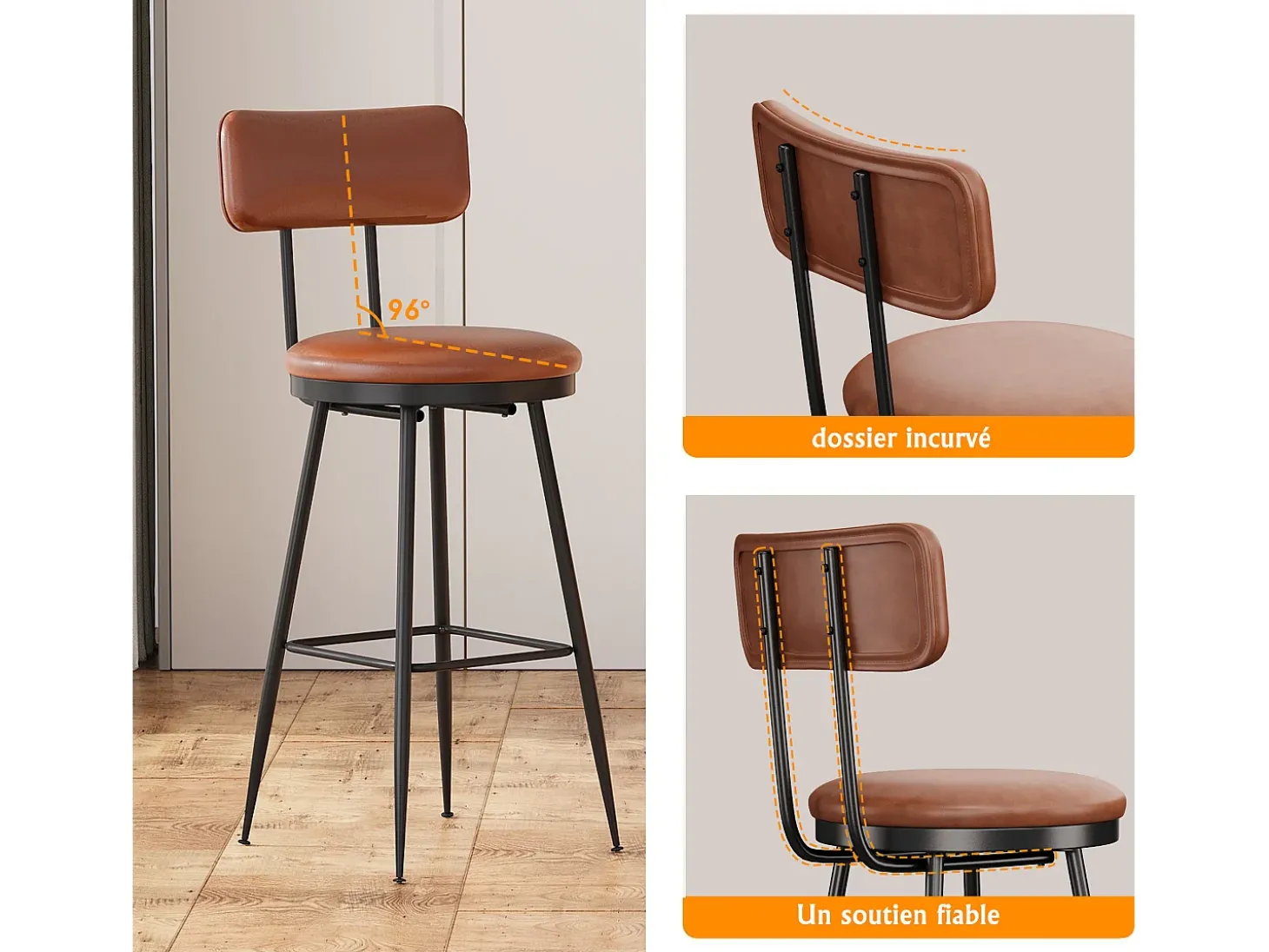 Conjunto de 4 cadeiras de bar com encosto, couro sintético marrom, altura do assento 65 cm
