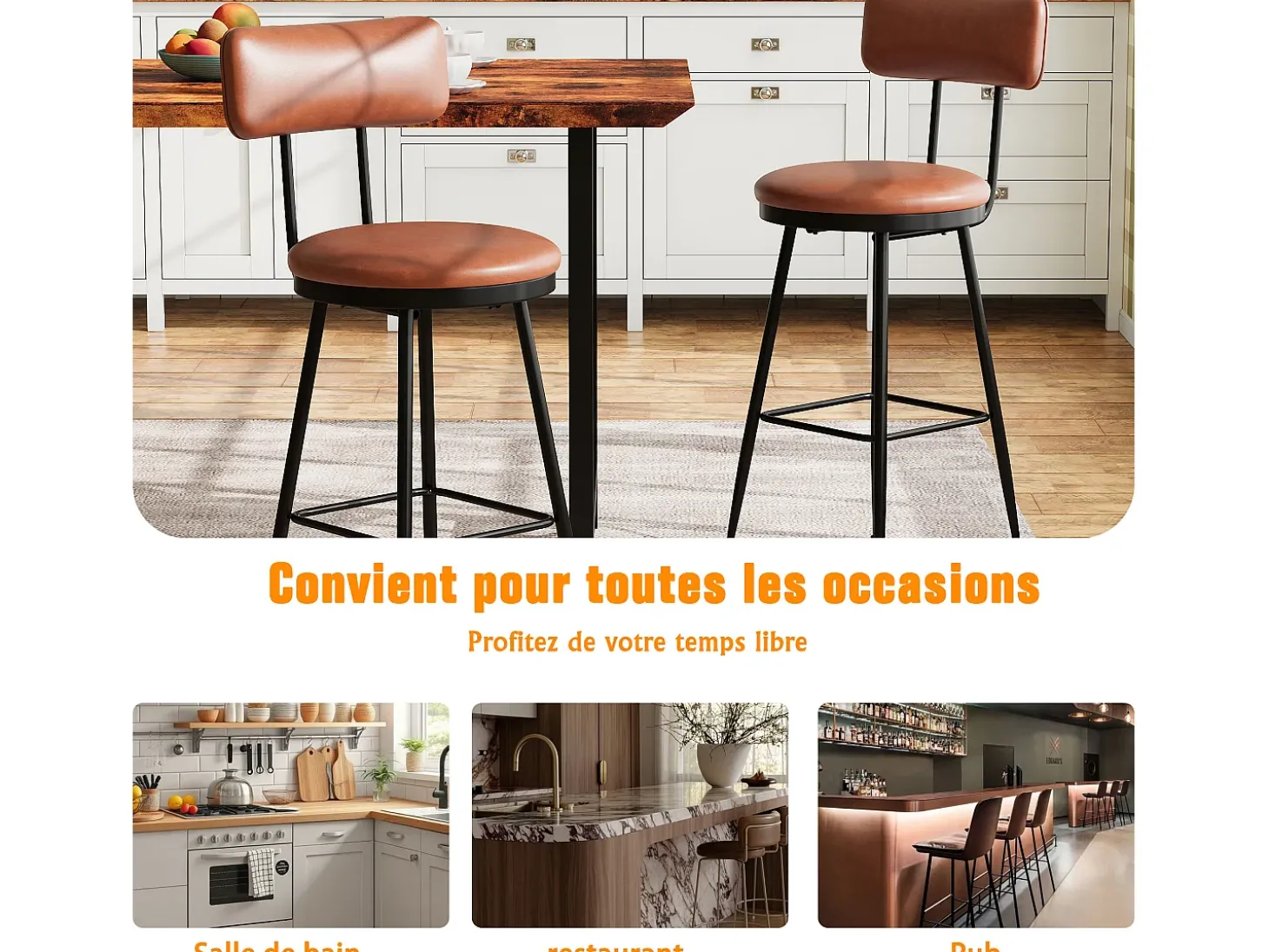 Conjunto de 2 cadeiras de bar modernas – Encosto, couro sintético marrom, estrutura de metal, altura 65 cm