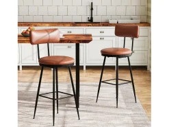 Conjunto de 2 cadeiras de bar modernas – Encosto, couro sintético marrom, estrutura de metal, altura 65 cm