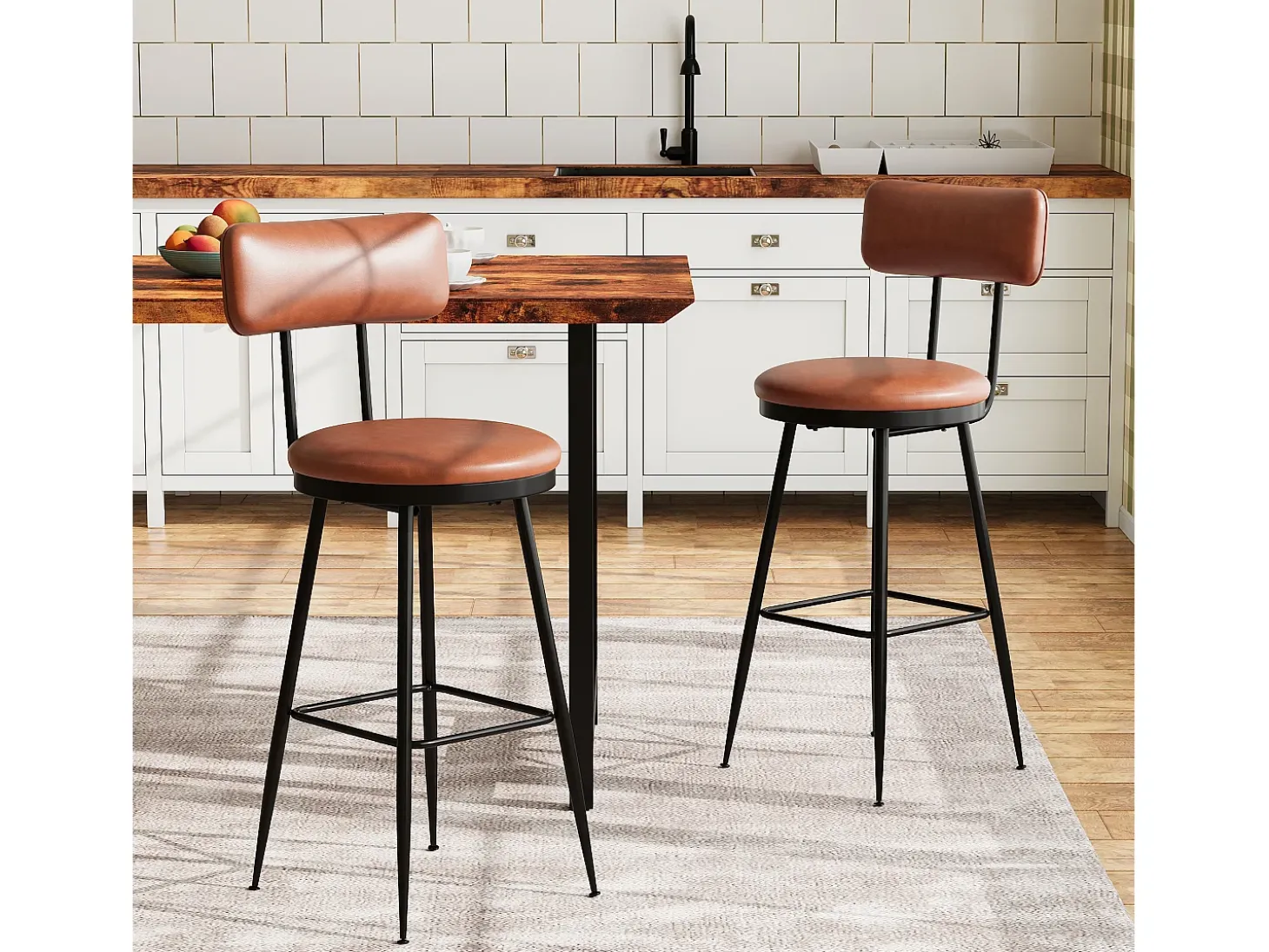 Conjunto de 2 cadeiras de bar modernas – Encosto, couro sintético marrom, estrutura de metal, altura 65 cm