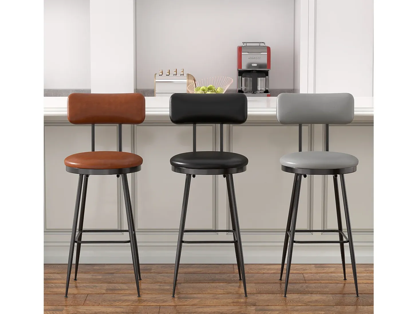 Conjunto de 2 cadeiras de bar modernas – Encosto, couro sintético marrom, estrutura de metal, altura 65 cm