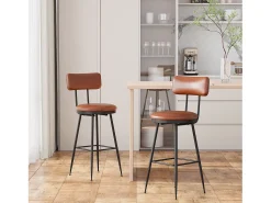 Conjunto de 2 cadeiras de bar modernas – Encosto, couro sintético marrom, estrutura de metal, altura 65 cm