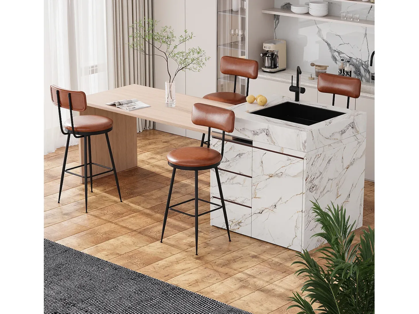 Conjunto de 2 cadeiras de bar modernas – Encosto, couro sintético marrom, estrutura de metal, altura 65 cm