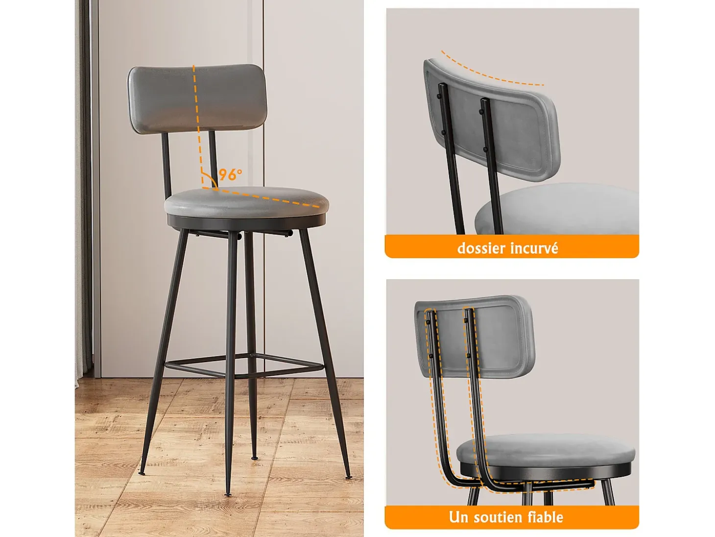 Conjunto de 4 cadeiras de bar – cinza, estilo industrial, encosto, altura 65 cm