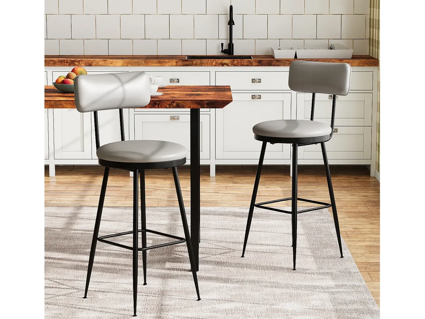 Conjunto de 2 cadeiras de bar – cinza, estilo industrial, encosto, couro sintético, altura 65 cm