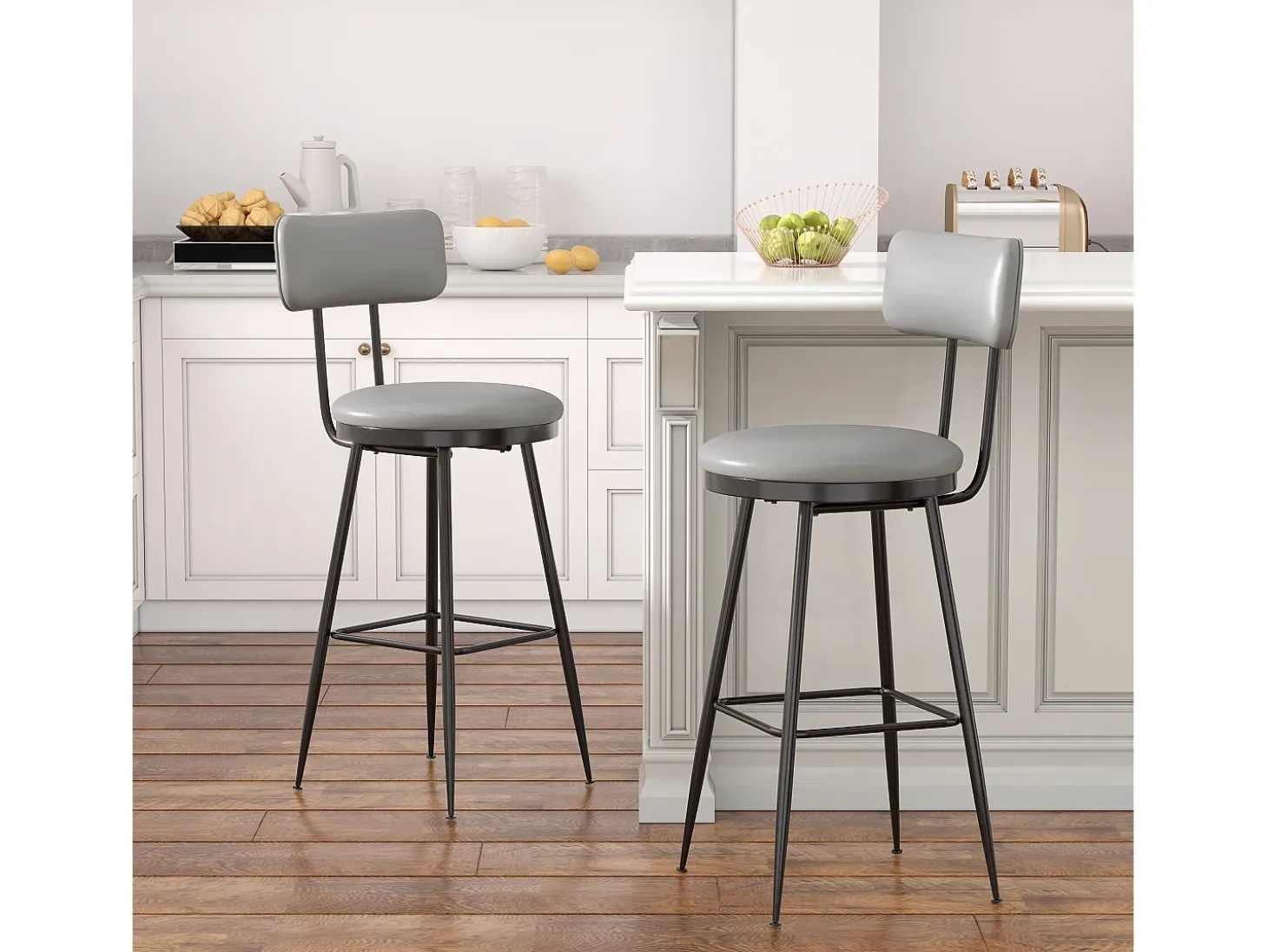 Conjunto de 2 cadeiras de bar – cinza, estilo industrial, encosto, couro sintético, altura 65 cm
