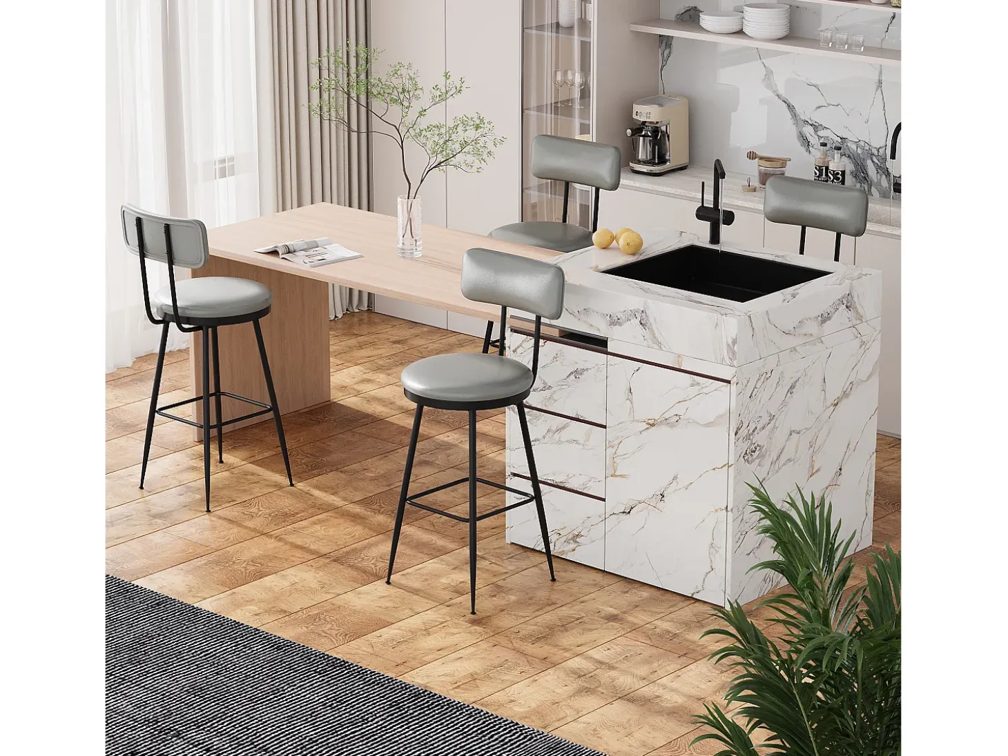 Conjunto de 2 cadeiras de bar – cinza, estilo industrial, encosto, couro sintético, altura 65 cm