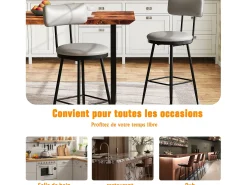 Conjunto de 2 cadeiras de bar – cinza, estilo industrial, encosto, couro sintético, altura 65 cm