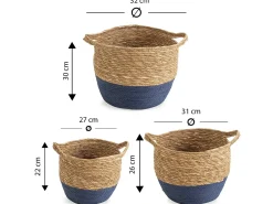 Conjunto de 3 cestas Anxo de fibra natural com alças, azul/natural.