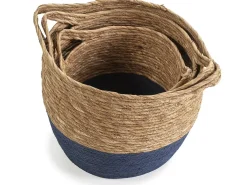 Conjunto de 3 cestas Anxo de fibra natural com alças, azul/natural.