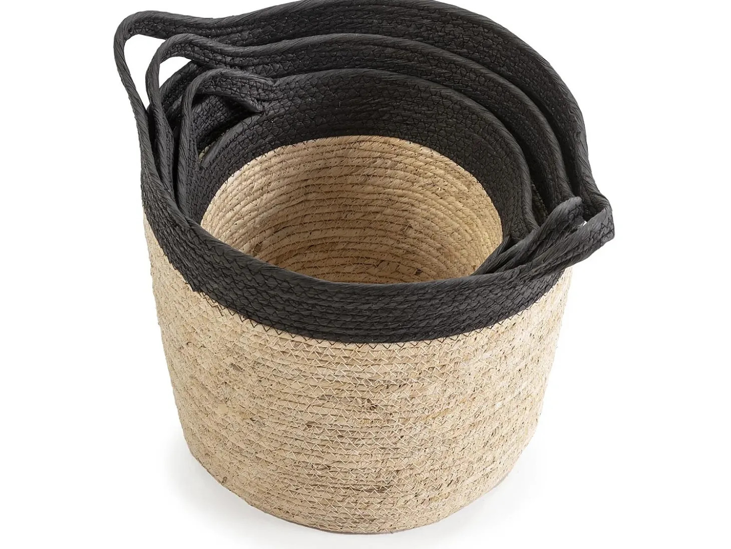 Conjunto de 3 cestas Otilia de fibra natural e papel, preto/bege com alças.