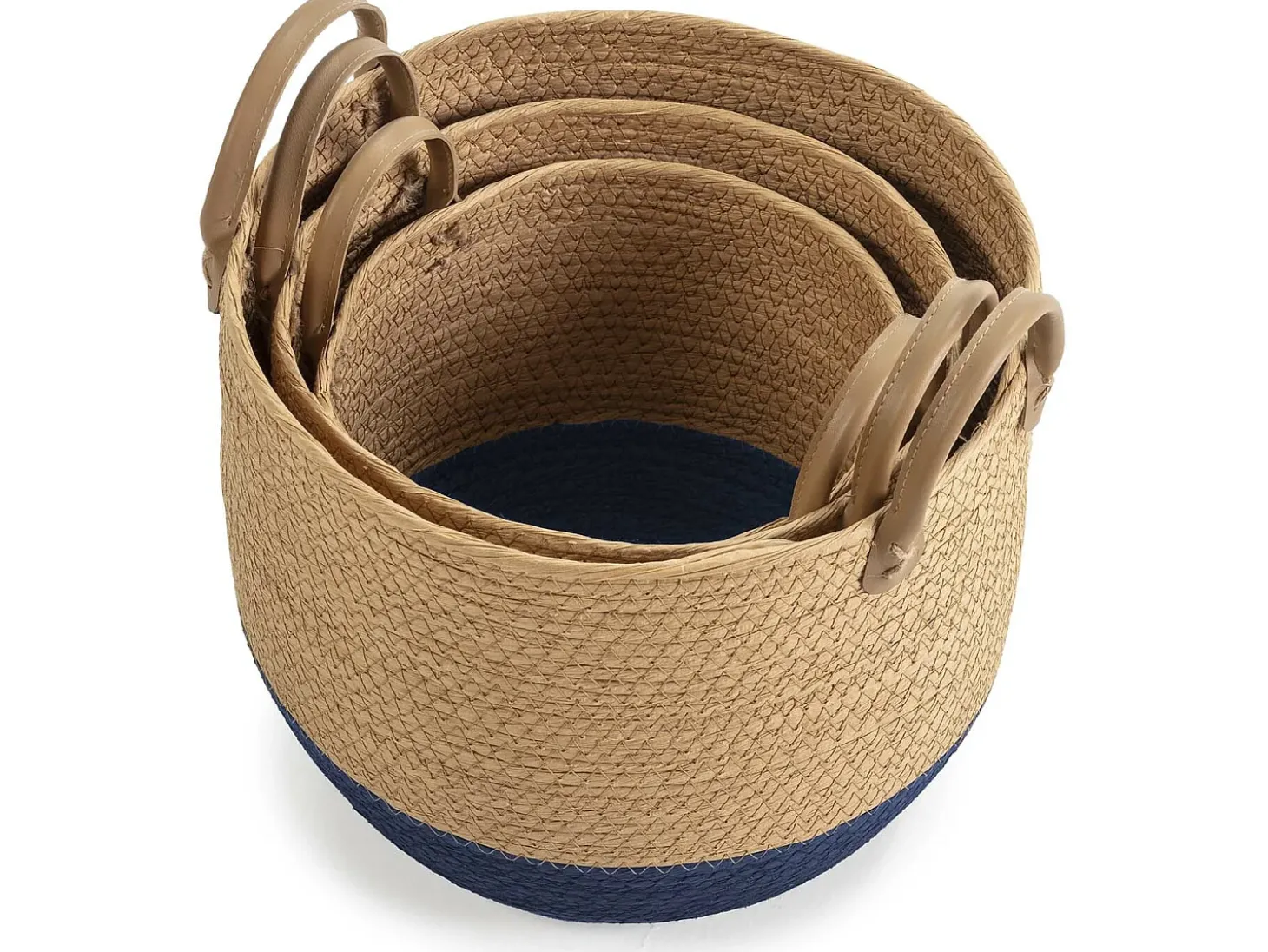 Conjunto de 3 cestas Tecla de fibra natural com alças, azul/natural.