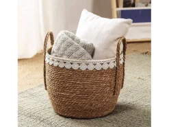 Conjunto de 3 cestas Yasmina de fibra natural com alças, branco/natural.