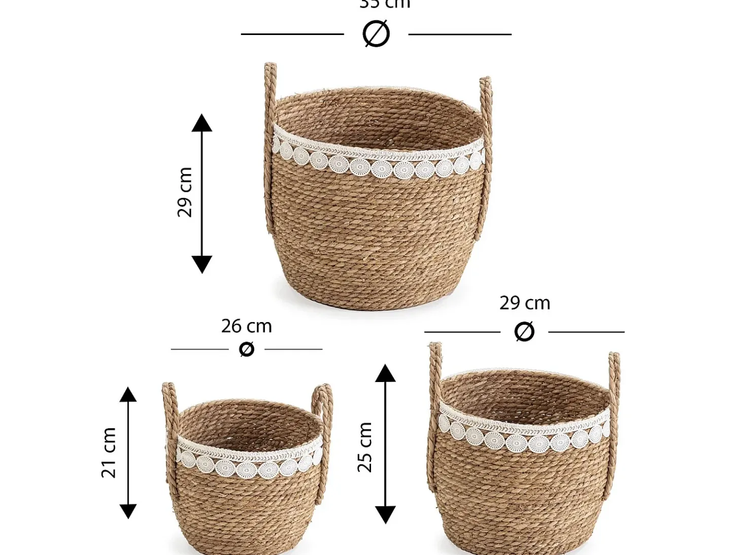 Conjunto de 3 cestas Yasmina de fibra natural com alças, branco/natural.