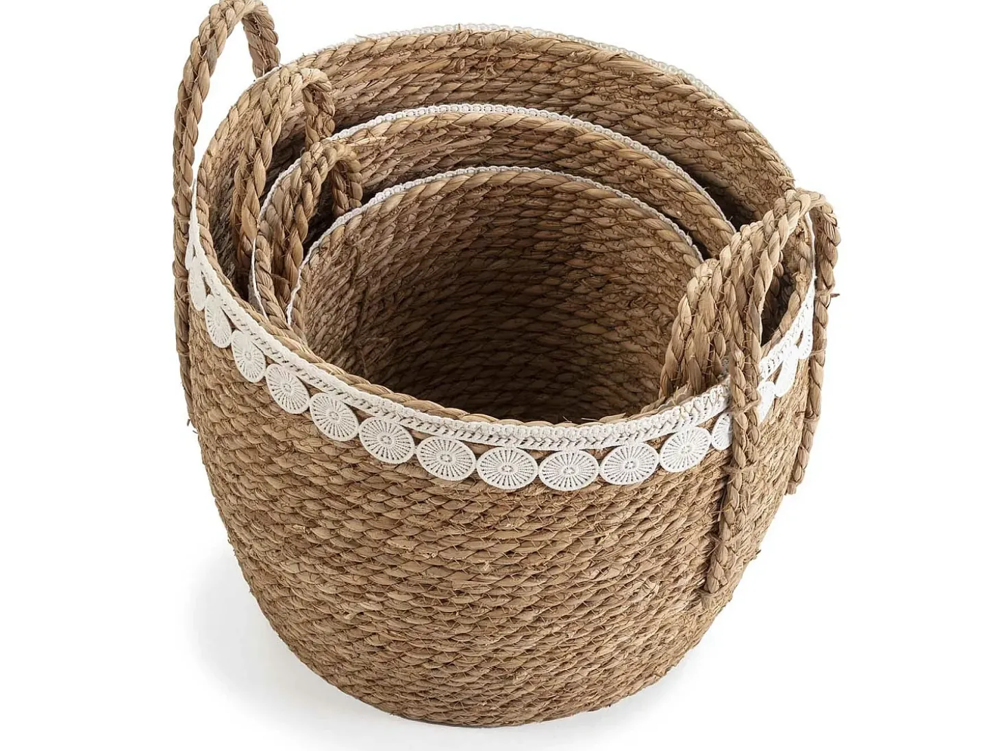 Conjunto de 3 cestas Yasmina de fibra natural com alças, branco/natural.