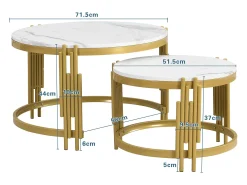 Conjunto de 2 mesas de centro encaixáveis ​​​​- efeito mármore - estrutura metálica - Branco e Dourado