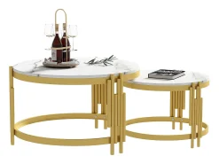 Conjunto de 2 mesas de centro encaixáveis ​​​​- efeito mármore - estrutura metálica - Branco e Dourado