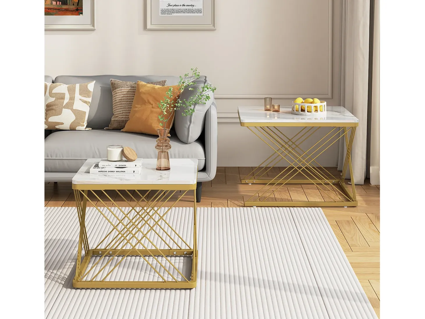 Conjunto de 2 mesas de centro quadradas - 60x60x45 +45x45x40 cm - Efeito mármore - Madeira MDF e metal - Branco + dourado