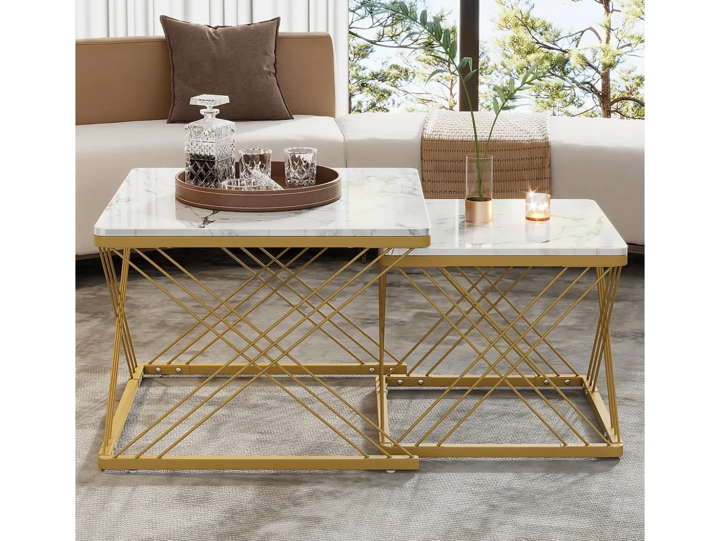 Conjunto de 2 mesas de centro quadradas - 60x60x45 +45x45x40 cm - Efeito mármore - Madeira MDF e metal - Branco + dourado