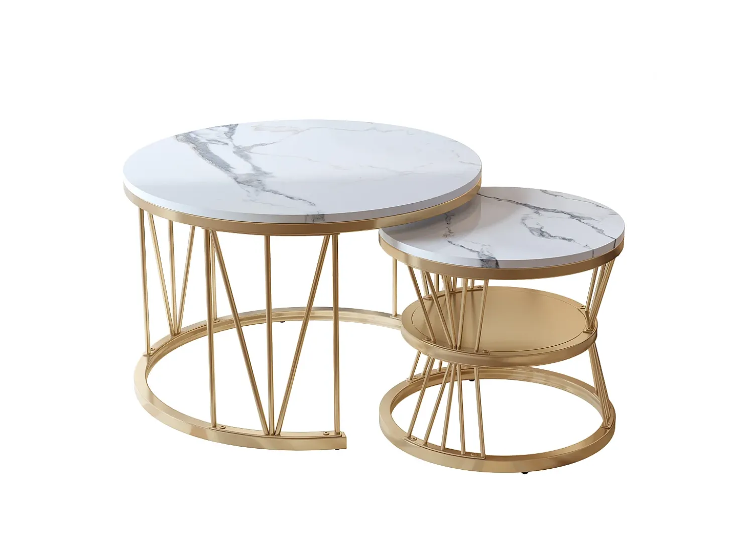 Conjunto de 2 mesas de centro redondas - mármore, folheado moderno, mesa lateral elegante, dourado