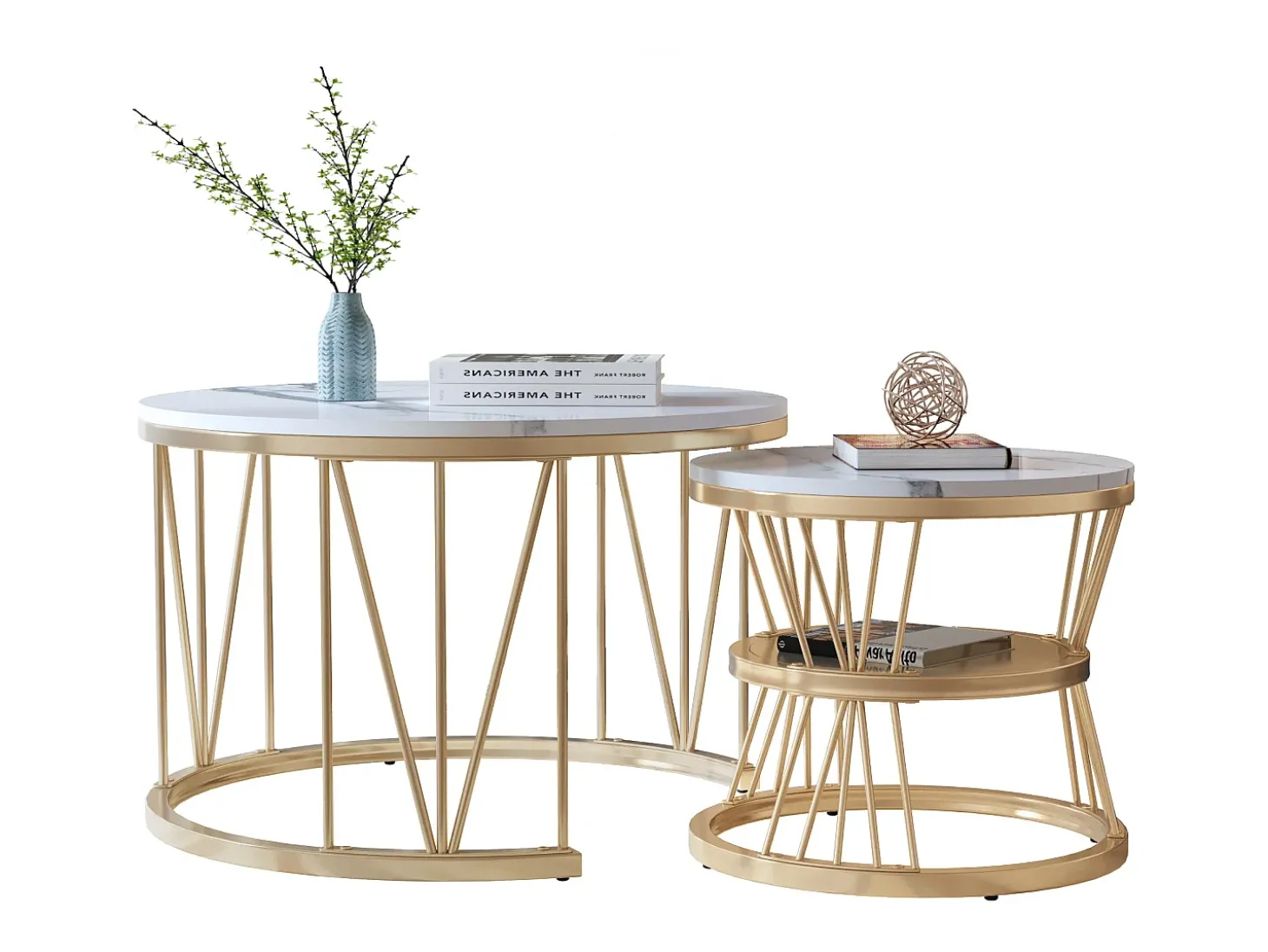 Conjunto de 2 mesas de centro redondas - mármore, folheado moderno, mesa lateral elegante, dourado