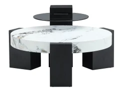 Conjunto de 2 mesas de centro - Mesas redondas com efeito mármore - Madeira MDF + vidro - Branco e preto
