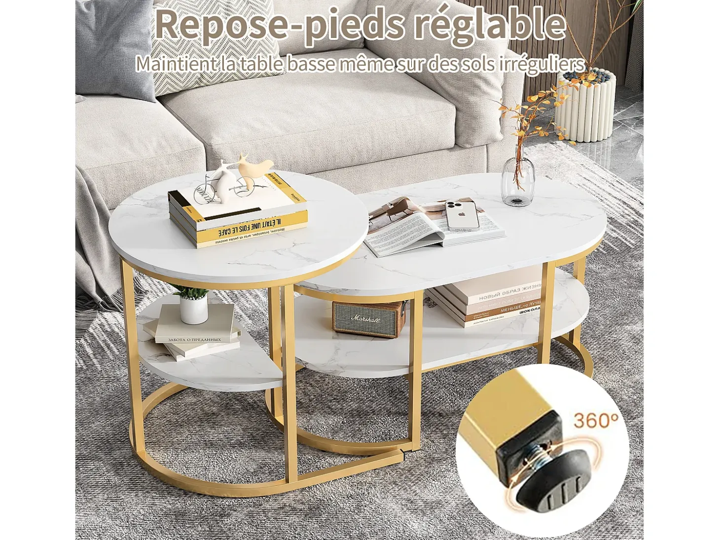 Conjunto de 2 mesas de centro encaixáveis, mesa encaixável com design de mármore, estrutura de metal dourado