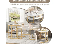 Conjunto de 2 mesas de centro encaixáveis, mesa encaixável com design de mármore, estrutura de metal dourado