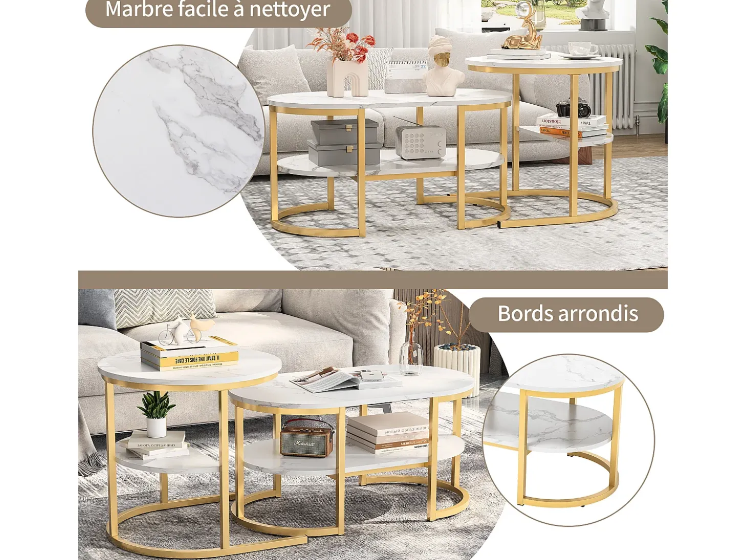 Conjunto de 2 mesas de centro encaixáveis, mesa encaixável com design de mármore, estrutura de metal dourado