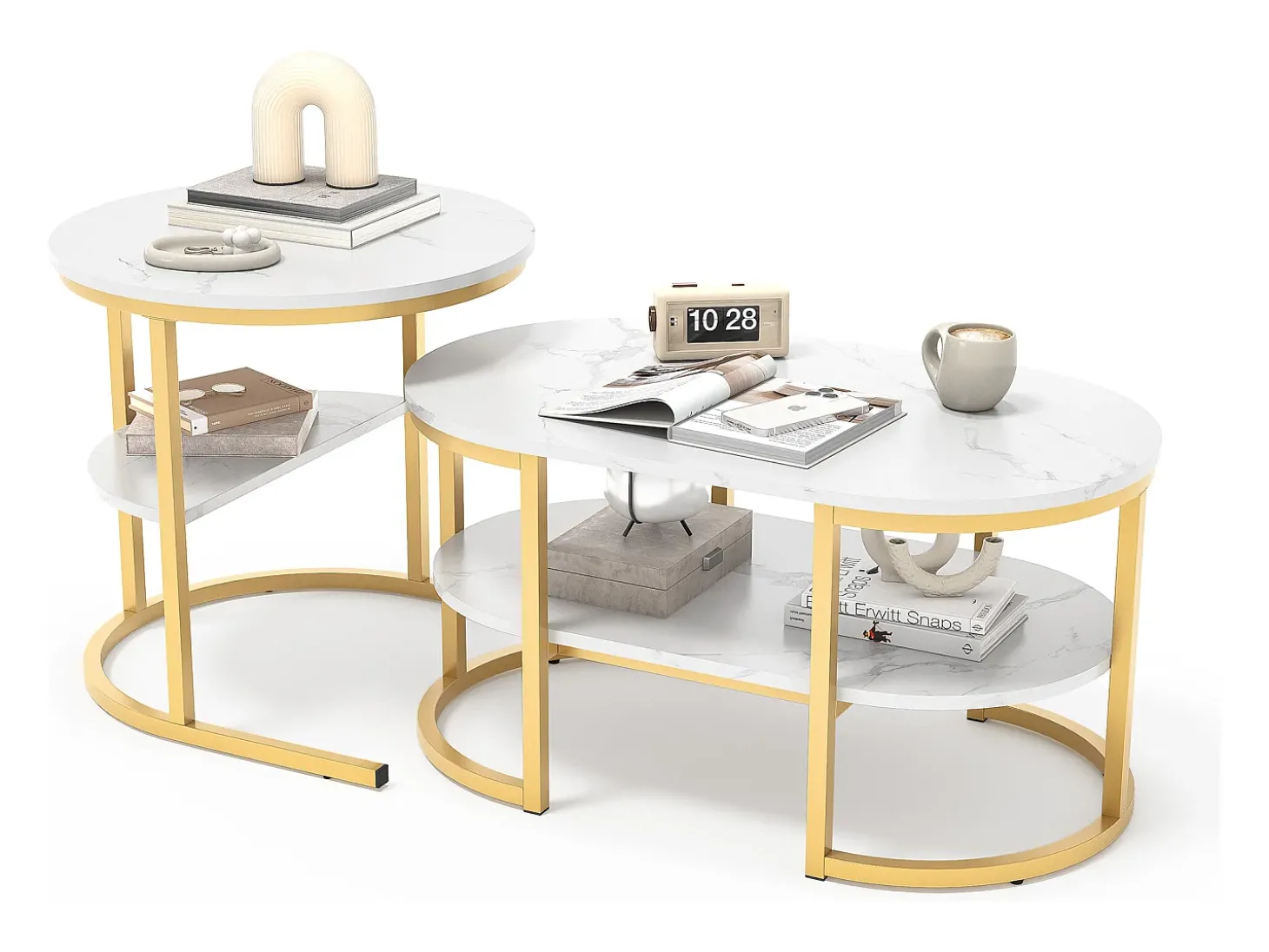 Conjunto de 2 mesas de centro encaixáveis, mesa encaixável com design de mármore, estrutura de metal dourado