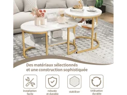 Conjunto de 2 mesas de centro encaixáveis, mesa encaixável com design de mármore, estrutura de metal dourado