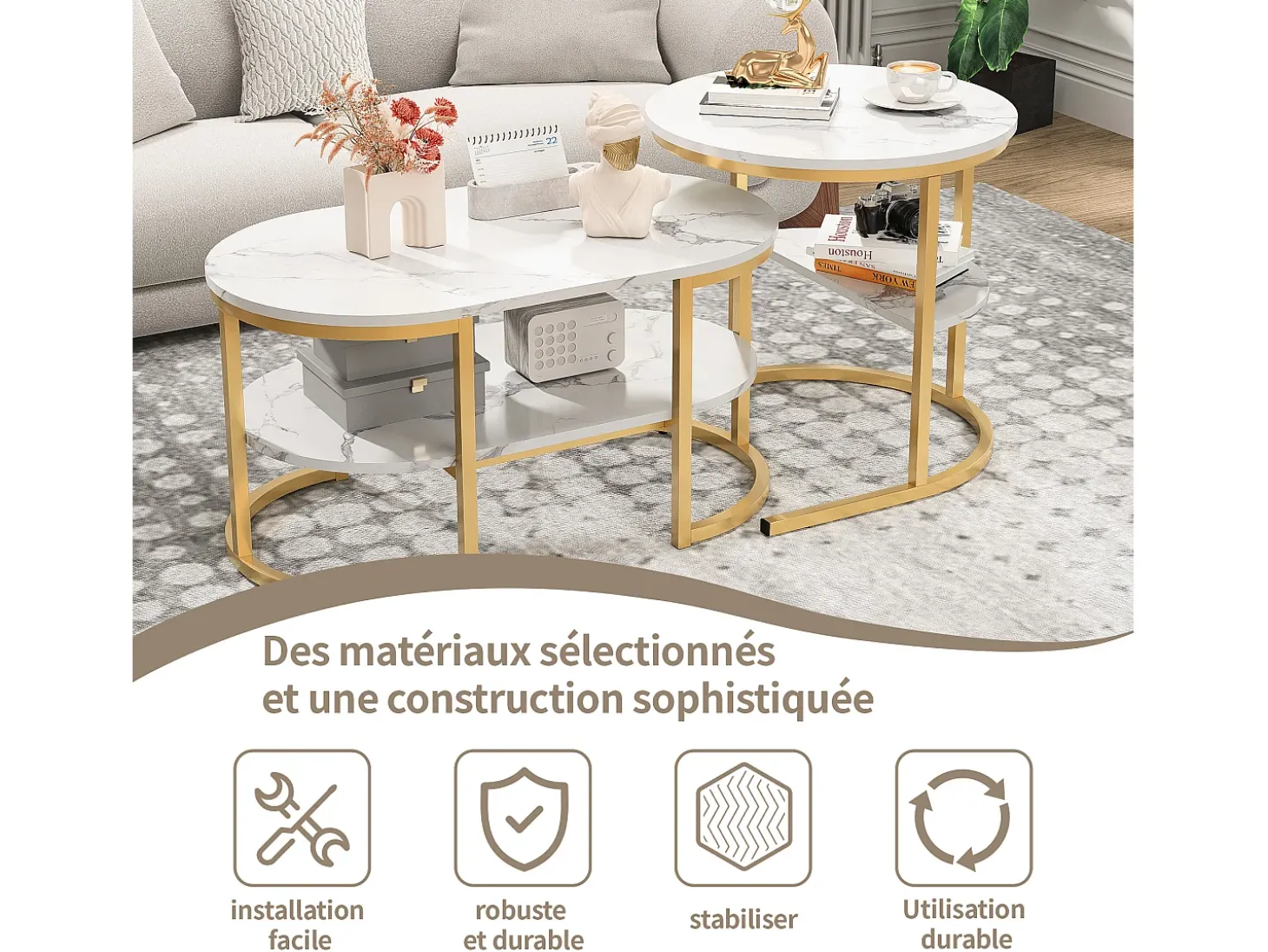 Conjunto de 2 mesas de centro encaixáveis, mesa encaixável com design de mármore, estrutura de metal dourado
