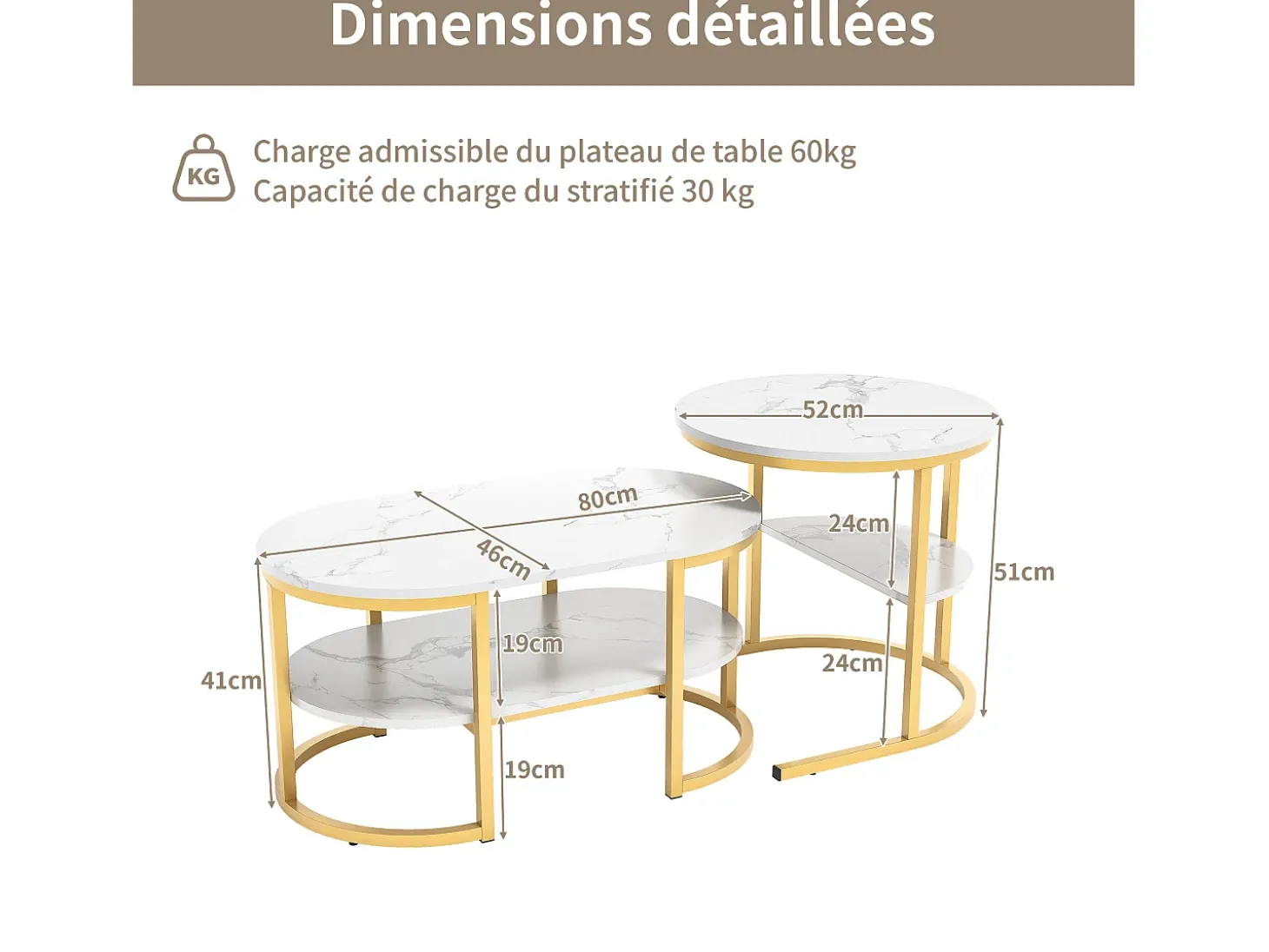 Conjunto de 2 mesas de centro encaixáveis, mesa encaixável com design de mármore, estrutura de metal dourado