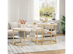 Conjunto de 2 mesas de centro encaixáveis, mesa encaixável com design de mármore, estrutura de metal dourado