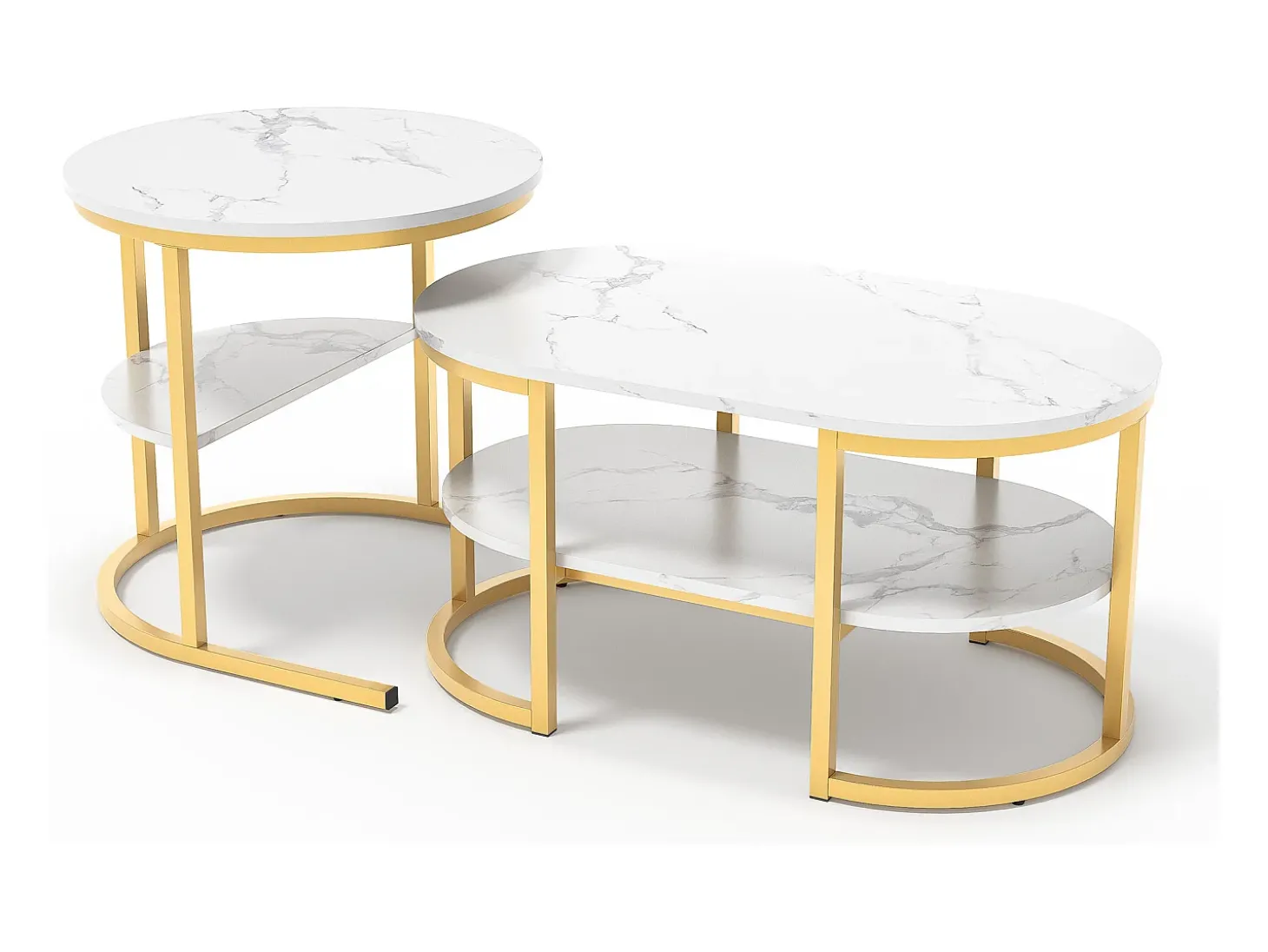 Conjunto de 2 mesas de centro encaixáveis, mesa encaixável com design de mármore, estrutura de metal dourado