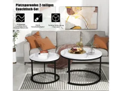 Conjunto de 2 mesas de centro encastráveis, mesa lateral redonda em MDF, folheado marmorizado, branco