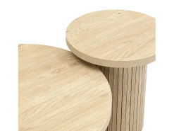 Conjunto de 2 mesas de centro redondas encaixáveis 66x66x40/40x40x46cm, MDF, superfície folheada a madeira natural clara