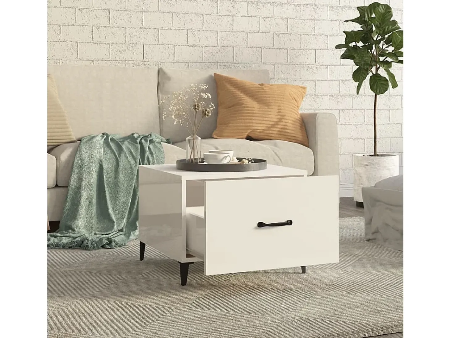 Conjunto de 2 Mesas de Centro | Mesa de apoio + pernas de metal 50x50x40 m branco brilhante