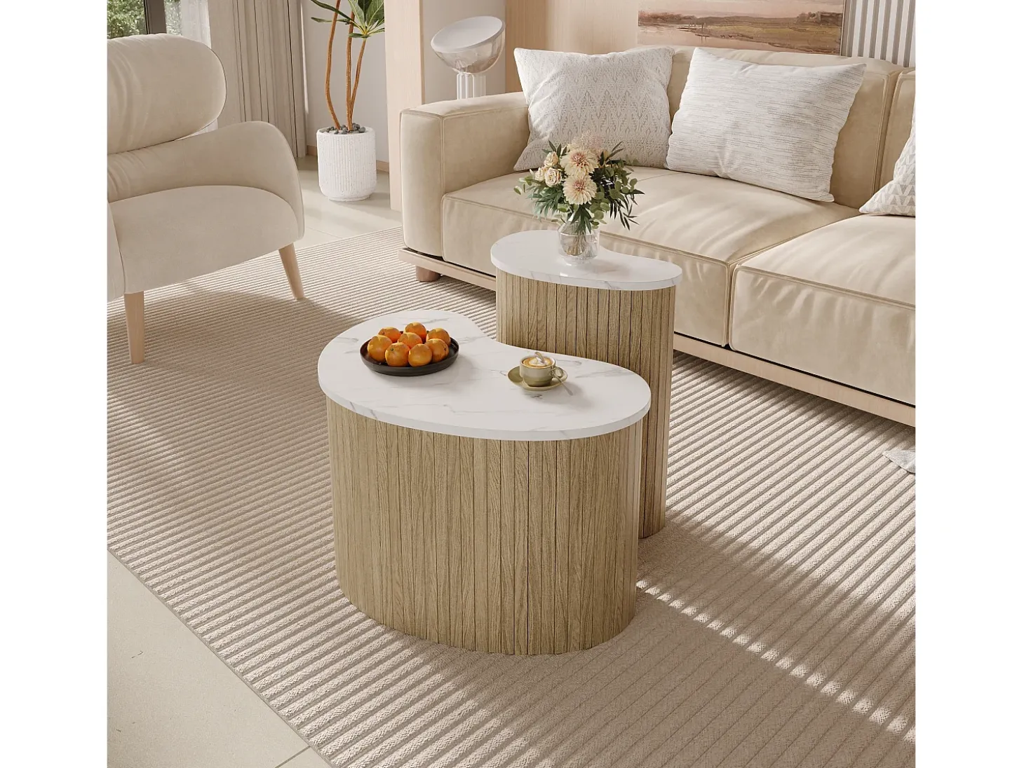 Conjunto de 2 mesas de centro modernas - textura de mármore - aspecto de madeira - Design irregular - MDF - Natural