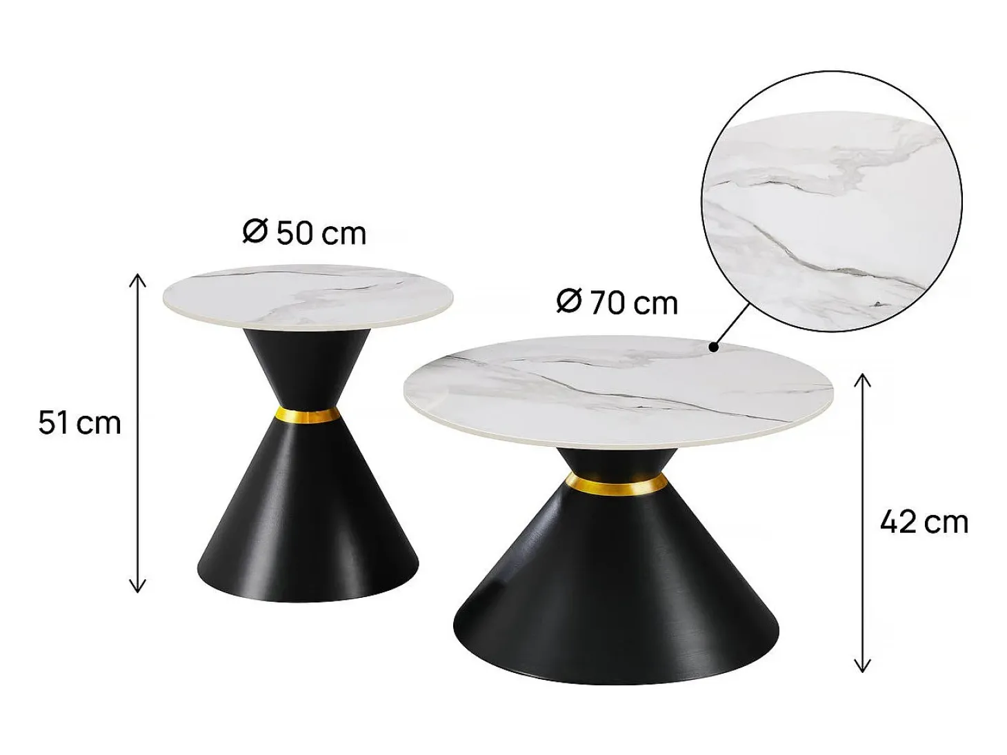 Conjunto de 2 mesas de centro em cerâmica encaixáveis" Lua" - 70 x 70 x 42 cm - Cinza/Branco