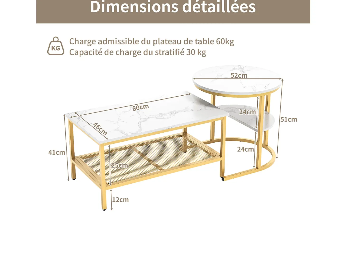 Conjunto de 2 mesas de centro modernas empilháveis, mesas laterais redondas para sofá e quarto, douradas.