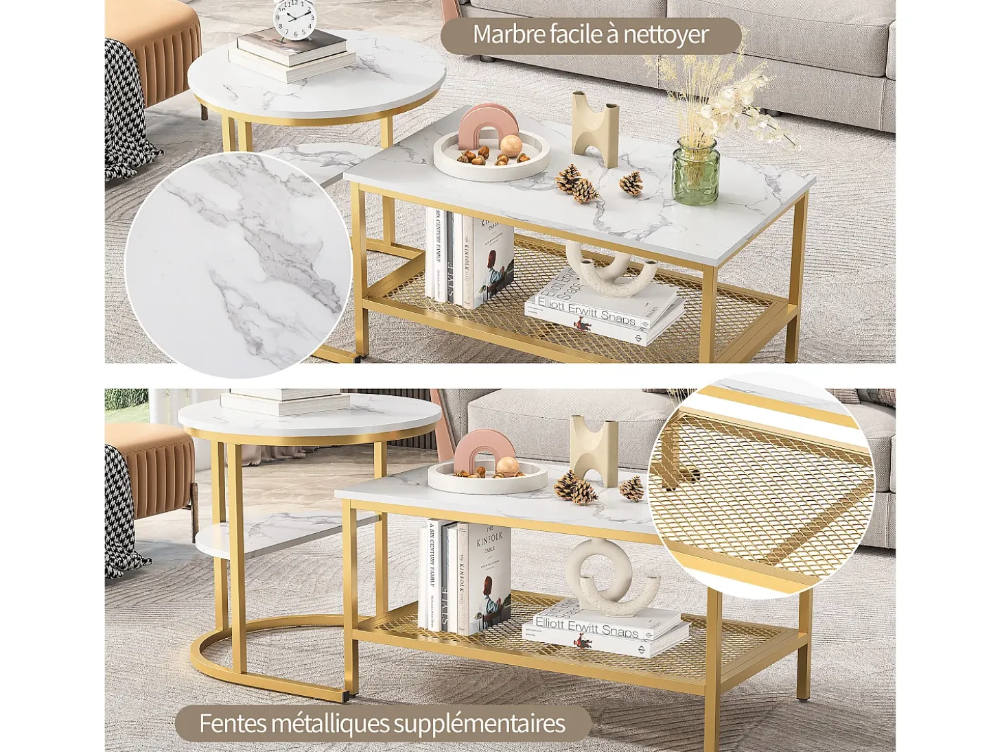 Conjunto de 2 mesas de centro modernas empilháveis, mesas laterais redondas para sofá e quarto, douradas.